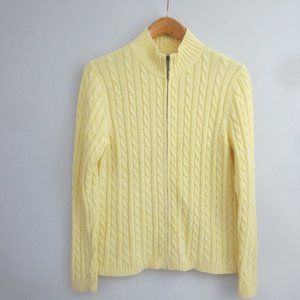 LL Bean Sweater Womens L Yellow Full Zip LS Cotton Cable Knit Sweater Mock Neck
